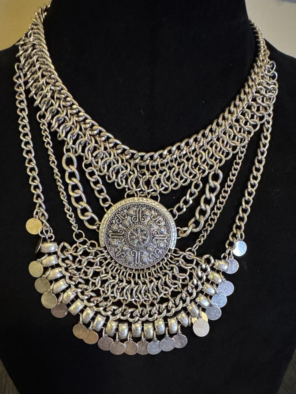 Boho Layered Statement Necklace – Silver Tone Coin & Chain Bib Necklace – Adjust - Picture 2 of 7